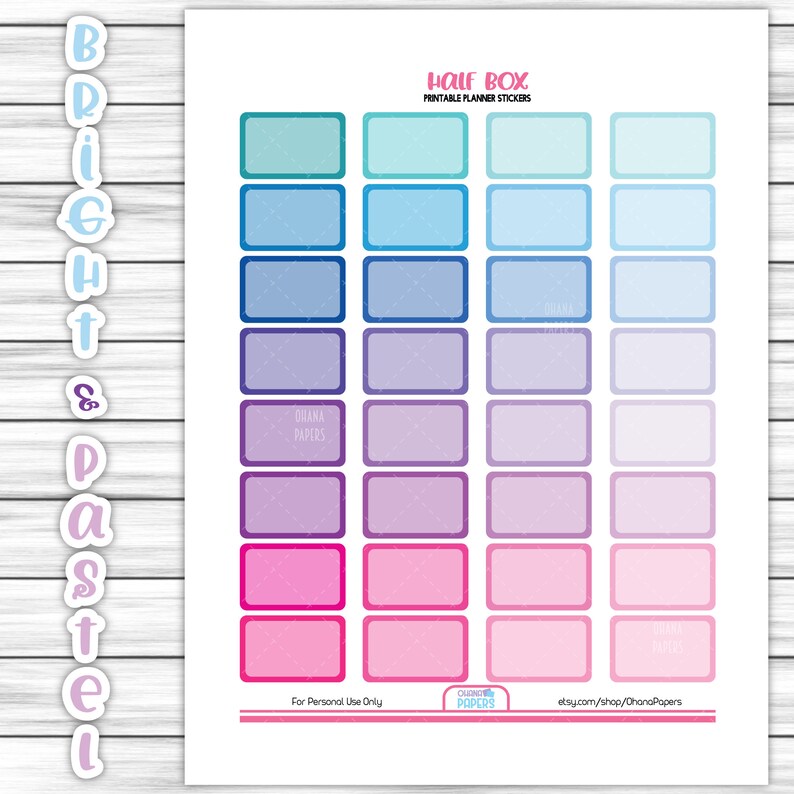Printable Pastel Half Box Planner Stickers, Multicolor Half Boxes ...