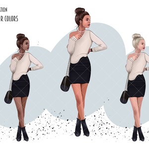 Pode incluir: Ilustra&ccedil;&atilde;o de uma mulher vestindo um su&eacute;ter branco, uma saia preta e botas pretas. A mulher tem uma bolsa preta e est&aacute; em p&eacute; em um fundo azul claro.