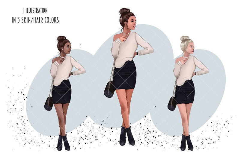 Pode incluir: Ilustra&ccedil;&atilde;o de uma mulher vestindo um su&eacute;ter branco, uma saia preta e botas pretas. A mulher tem uma bolsa preta e est&aacute; em p&eacute; em um fundo azul claro.