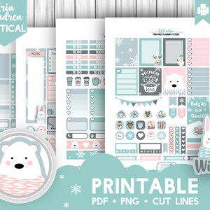 May include: Printable winter planner stickers featuring cute polar bears, bunnies, and snowflakes. The stickers are in a light blue and pink color scheme and include phrases like "Season's Greetings with Love" and "Baby it's Cold Outside".