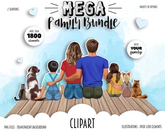 Family Clipart Bundle - Illustrations familiales : maman, papa, enfants, chien et chat, meilleurs amis | Frère, Soeur MEGA BUNDLE | PNG