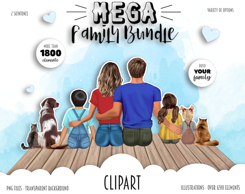 Family Clipart Bundle Illustrations familiales : maman, papa, enfants, chien et chat, meilleurs amis Frère, Soeur MEGA BUNDLE PNG image 1