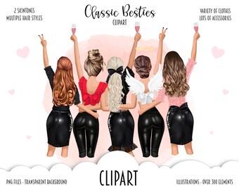 Best Friends Clipart, Custom Multiple Besties, Classic Fashion Girl Soul Sisters Illustration, Family Clipart, Sister Gift Clipart, Bff