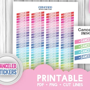 May include: Printable planner stickers with the word "CANCELED" in various rainbow colors. The stickers are designed for use in a planner or journal.