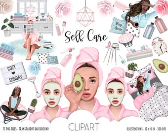 May include: A set of digital illustrations featuring a self-care theme. The illustrations include a woman reading a newspaper, a woman with a face mask, a woman holding an avocado, a woman sleeping in bed, and various other self-care items such as a bathrobe, a face roller, a cactus, a clock, and a glass of water. The illustrations are in a pink and blue color scheme and have a whimsical, cartoonish style.