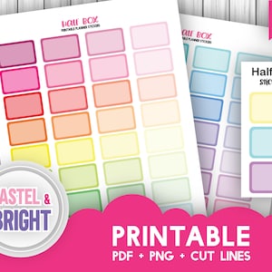May include: Printable planner stickers in a pastel rainbow color scheme. The stickers are half boxes with rounded corners and are labeled "Half Box Stickers".