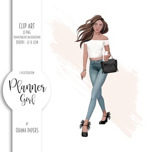 Planner Girl Clipart, Boss Lady Girly Fashion Illustration, Minimalist Clipart, Rose Gold Planner Graphics Supplies, African American Girl