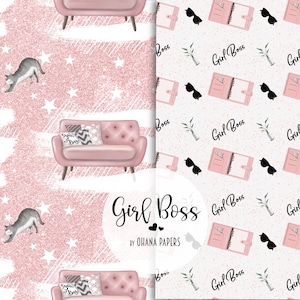 May include: Two digital paper patterns featuring a pink sofa, a pink notebook, sunglasses, and the text "Girl Boss" on a pink glitter background. The text "By Ohana Papers" is also included.