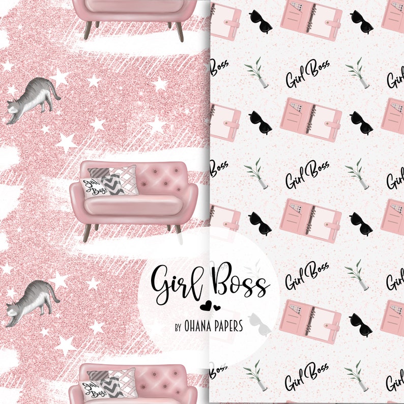 May include: Two digital paper patterns featuring a pink sofa, a pink notebook, sunglasses, and the text "Girl Boss" on a pink glitter background. The text "By Ohana Papers" is also included.