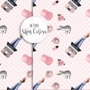 May include: A seamless pattern featuring a pink background with white polka dots. The pattern includes a woman's legs wearing blue jeans, a laptop computer, a pink gift box with pink roses, a cup of coffee, a cat, a lipstick, and a plate with a slice of cake. The text "IN TWO SKIN COLORS" is written in a circle.