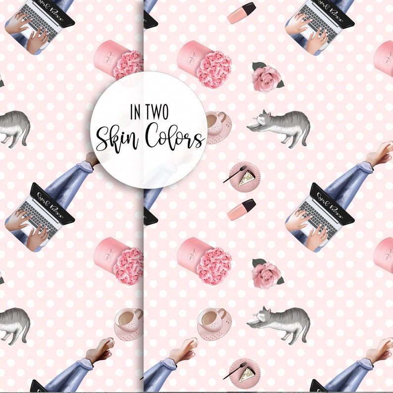 May include: A seamless pattern featuring a pink background with white polka dots. The pattern includes a woman's legs wearing blue jeans, a laptop computer, a pink gift box with pink roses, a cup of coffee, a cat, a lipstick, and a plate with a slice of cake. The text "IN TWO SKIN COLORS" is written in a circle.
