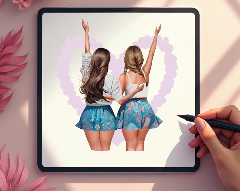 Bästa vänner - Soul Sisters BFF Clipart | Anpassad bästiskonst | Modeflickor PNG | Kurviga och plus size-bästisar | Vy bakifrån bild 8