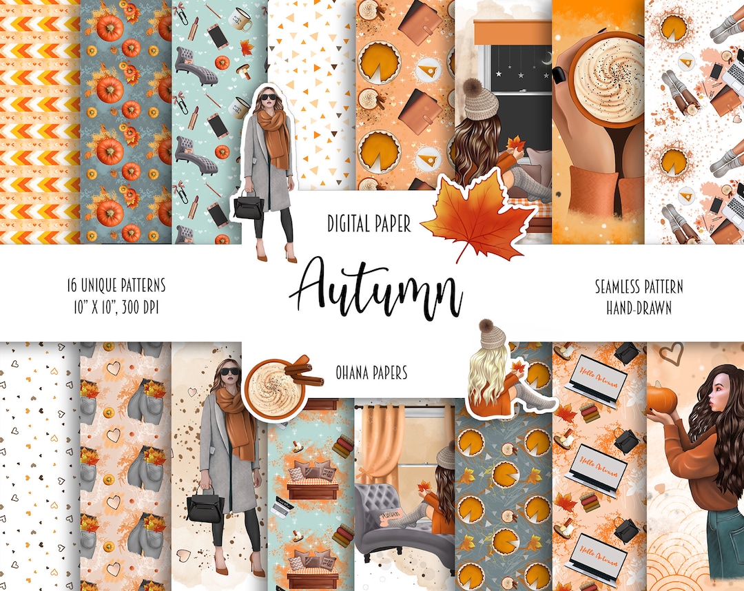 AUTUMN DIGITAL PAPER Pack - Fall Girl Boss Seamless Pattern, Fashion ...