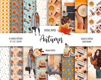 May include: A digital paper pack with 16 unique autumn-themed patterns. The patterns feature fall colors, leaves, pumpkins, and cozy scenes. The text "Digital Paper Autumn" is displayed in the center of the image.
