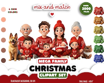 CHRISTMAS Family Clipart with Dogs and Cats Breeds | Grandparents and Kids Illustrations | View from Front