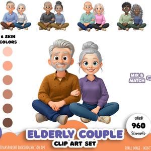 May include: Digital clip art set featuring an elderly couple in various skin tones and clothing options. The image includes the text "Elderly Couple Clip Art Set" and "Mix & Match". Over 960 elements are available for creating custom portraits.