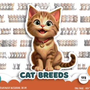 Può includere: Illustrazione digitale di un gatto dei cartoni animati sorridente con strisce marroni e beige, con un collare rosso. L'immagine include il testo "CAT BREEDS" e "35 BREEDS". Ci sono molte piccole illustrazioni di diverse razze di gatti.