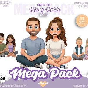 Op de afbeelding: Een digitale clipart-collectie genaamd Mix & Match System Mega Pack met cartoonillustraties van diverse personages in verschillende outfits. De set bevat meer dan 1700 bestanden met transparante achtergronden op 300 DPI en een uiteindelijke afbeeldingsgrootte van 35,56x35,56 cm.