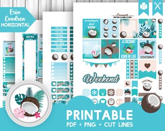 COCONUT Printable Planner Stickers - Weekly Kit Erin Condren Horizontal - Blue Tropical Summer ECLP kit with Cricut PNG