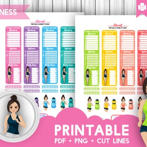 Pegatinas imprimibles para la barra lateral de seguimiento de ejercicios - Pegatinas para el planificador de fitness, salud y carrera - Pegatinas de Cricut para pasos e hidratación. Pegatinas para el planificador EC