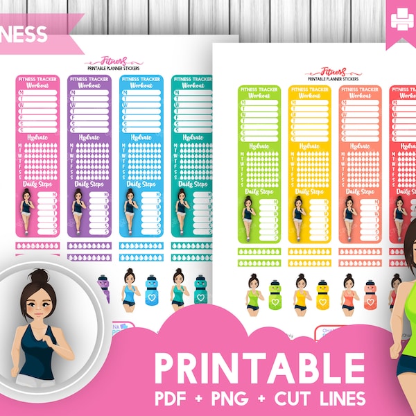 Workout Sidebar Tracker Printable Stickers - Fitness Health Running Planner Stickers - Steps Hydrate Cricut Stickers. EC Planner Stickers