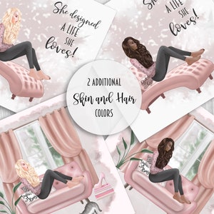 May include: Four digital illustrations of a woman sitting on a pink couch with a cat. The woman is wearing black pants and a pink shirt. The text "She designed a life she loves!" is on the top of the image. The text "2 Additional Skin and Hair Colors" is in the middle of the image.