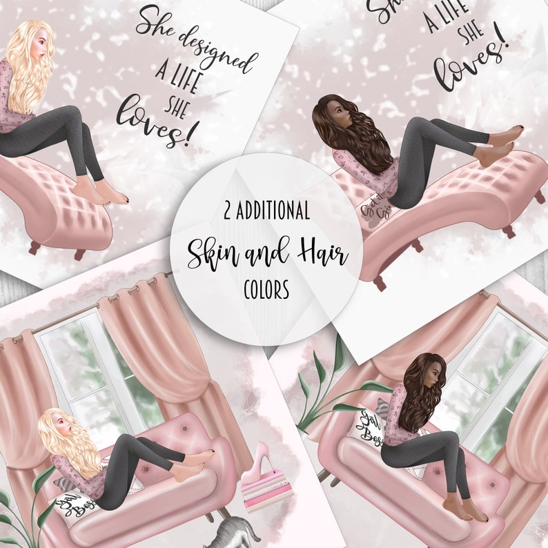 May include: Four digital illustrations of a woman sitting on a pink couch with a cat. The woman is wearing black pants and a pink shirt. The text "She designed a life she loves!" is on the top of the image. The text "2 Additional Skin and Hair Colors" is in the middle of the image.