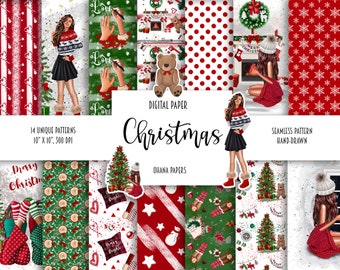 Pacchetto di carta digitale NATALE, modello senza cuciture invernale, illustrazione di moda Carta scrapbooking ragazza nera, carta pianificatore di Natale