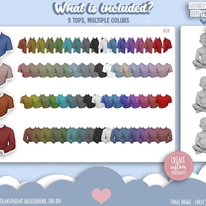 May include: An image showcasing a variety of digital tops in multiple colors, including button-down shirts, t-shirts, and sweaters. The text "What is included? 9 TOPS, MULTIPLE COLORS" is displayed at the top. The image also includes the text "SUITABLE FOR 3 BODY TYPES" and "BODIES NOT INCLUDED!"