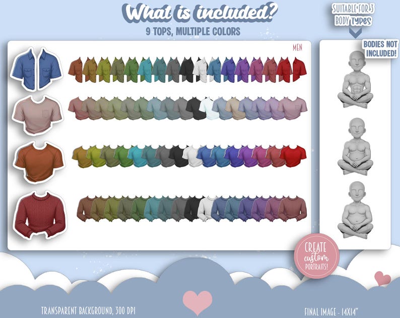 May include: An image showcasing a variety of digital tops in multiple colors, including button-down shirts, t-shirts, and sweaters. The text "What is included? 9 TOPS, MULTIPLE COLORS" is displayed at the top. The image also includes the text "SUITABLE FOR 3 BODY TYPES" and "BODIES NOT INCLUDED!"