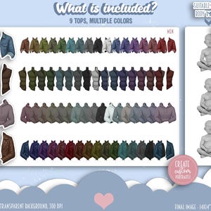May include: An illustration showcasing a variety of tops in multiple colors. The image includes a denim jacket, a puffer vest, a hoodie, and a leather jacket. The text reads "What is included? 9 TOPS, MULTIPLE COLORS". The image also includes the text "SUITABLE FOR 3 BODY TYPES" and "BODIES NOT INCLUDED!"