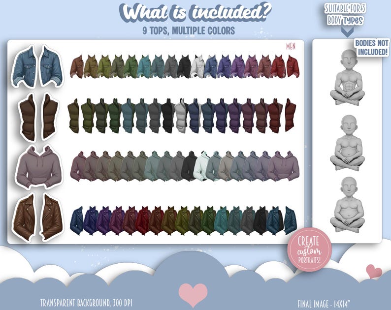 May include: An illustration showcasing a variety of tops in multiple colors. The image includes a denim jacket, a puffer vest, a hoodie, and a leather jacket. The text reads "What is included? 9 TOPS, MULTIPLE COLORS". The image also includes the text "SUITABLE FOR 3 BODY TYPES" and "BODIES NOT INCLUDED!"