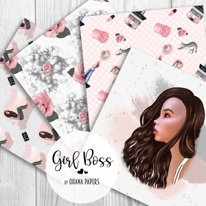 May include: Digital paper pack with four different patterns featuring pink roses, gray marble, pink polka dots, and a pink background with gold stars. The patterns are arranged in a square shape with a white background. The text "Girl Boss" is written in black with pink hearts below the text. The text "By Ohana Papers" is written in black below the hearts.