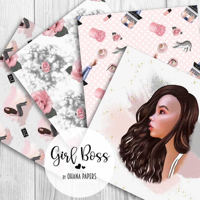 May include: Digital paper pack with four different patterns featuring pink roses, gray marble, pink polka dots, and a pink background with gold stars. The patterns are arranged in a square shape with a white background. The text "Girl Boss" is written in black with pink hearts below the text. The text "By Ohana Papers" is written in black below the hearts.