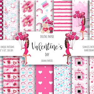 VALENTINES DAY Digital Paper Pack, Fashion Illustration Girl, Romantic Love Scrapbook Paper Seamless Patterns, Hearts Pattern Paper