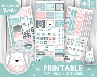 May include: Printable winter themed planner stickers featuring a polar bear, a bunny, and a variety of winter-themed icons. The stickers are in shades of blue, pink, and gray. The text "HOBONICHI Weeks" and "Winter" are visible in the image.