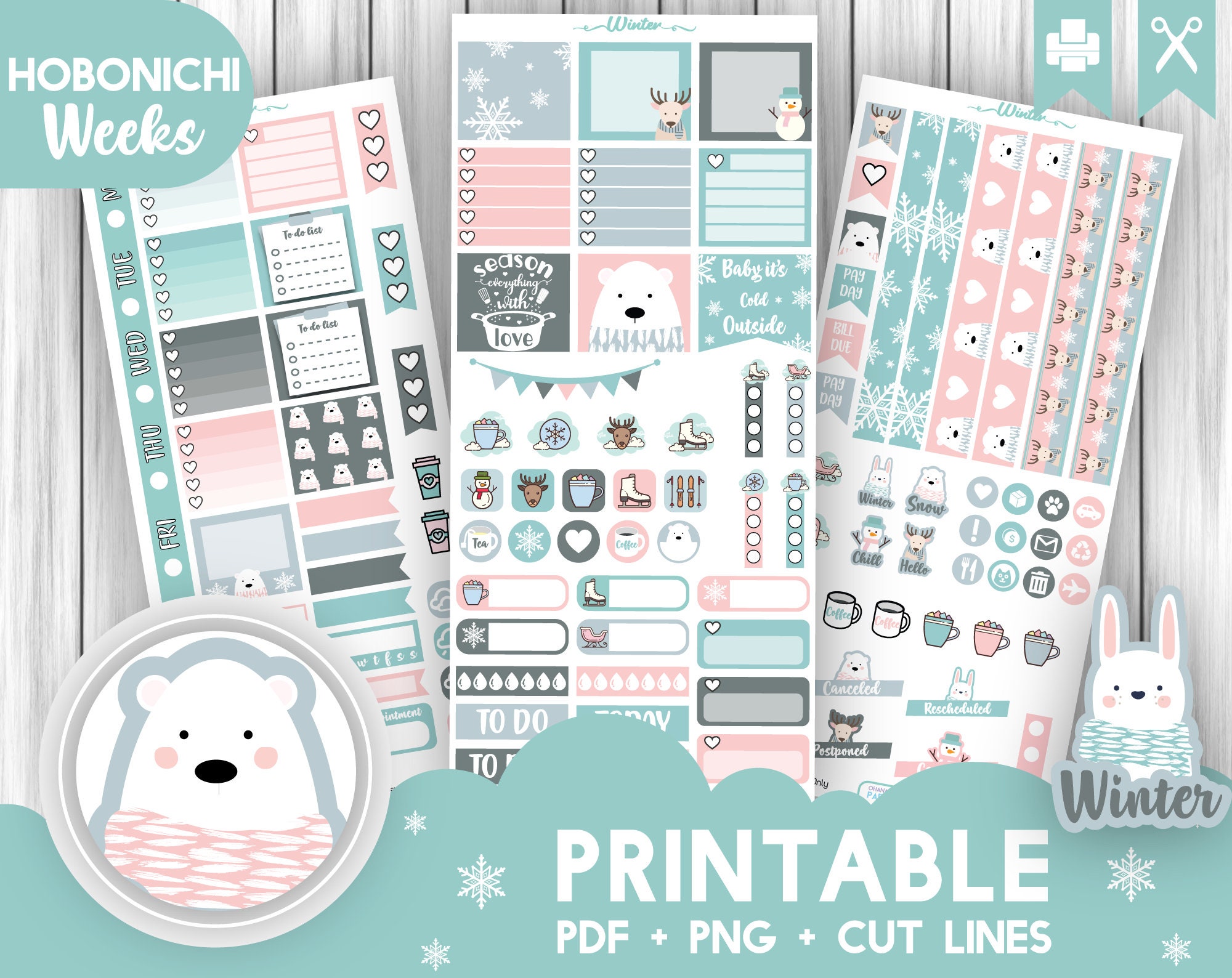 WINTER Printable Stickers HOBONICHI Planner Stickers Hobo Weeks Kit ...