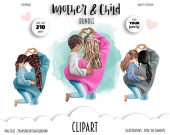 Mother & Child Portrait Clipart: Customizable Family Illustrations (Digital Download)