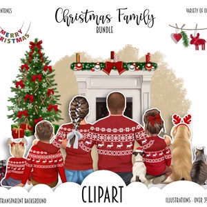 KERSTFAMILIE clipartbundel, aanpasbare moeder vader illustratie, kerstvakantie grootouders, kinderen bijpassende truien cadeau kunst, hond - kat