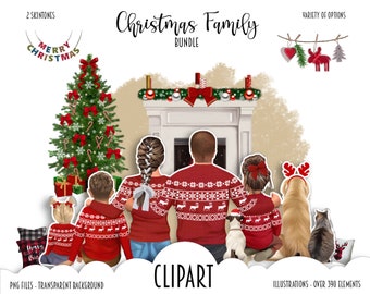CHRISTMAS FAMILY Clipart Bundle, Customizable Mom Dad Illustration, Xmas Holiday Grandparents, Kids Matching Sweaters Gift Art, Dog - Cat