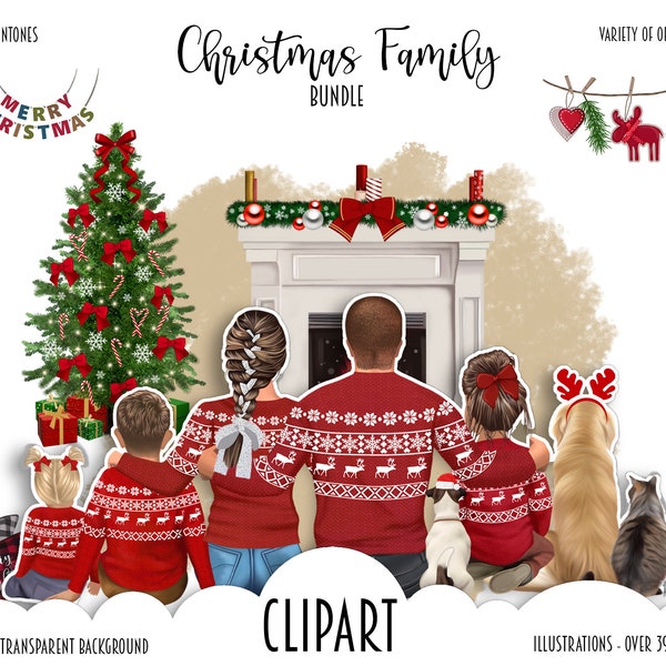 Pacchetto clipart FAMIGLIA DI NATALE, Illustrazione personalizzabile di mamma papà, Nonni delle vacanze di Natale, Maglioni abbinati per bambini, Arte regalo, Cane - Gatto