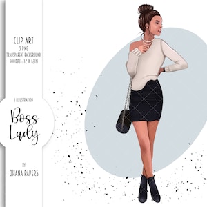 Pode incluir: Uma ilustra&ccedil;&atilde;o digital de uma mulher vestindo um su&eacute;ter branco, uma saia preta e botas pretas. Ela est&aacute; segurando uma bolsa preta e tem um colar de p&eacute;rolas. O fundo &eacute; um c&iacute;rculo azul claro com manchas pretas.