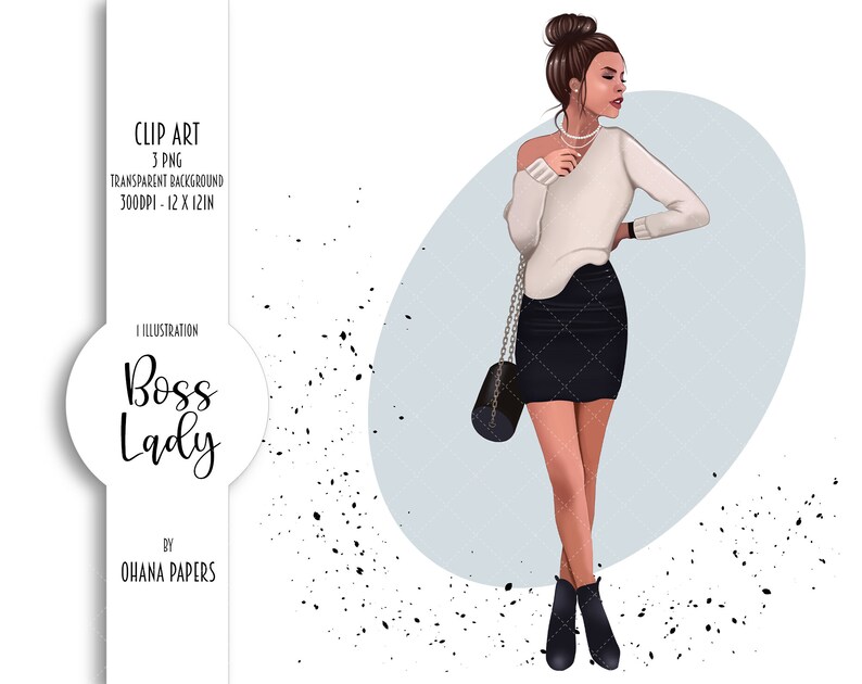 Pode incluir: Uma ilustra&ccedil;&atilde;o digital de uma mulher vestindo um su&eacute;ter branco, uma saia preta e botas pretas. Ela est&aacute; segurando uma bolsa preta e tem um colar de p&eacute;rolas. O fundo &eacute; um c&iacute;rculo azul claro com manchas pretas.