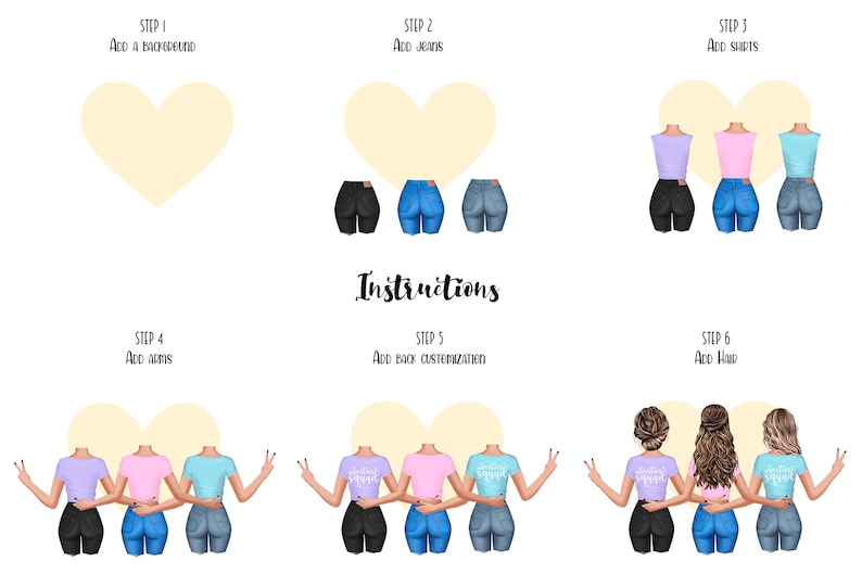 Beste vrienden jassen clipart, aangepaste Besties Soul Sisters Fashion illustratie, meerdere aangepaste meisjes, familie zusters cadeau Bff afbeelding 4