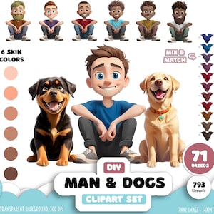 Op de afbeelding: Een digitale clipartset getiteld "DIY Man & Dogs" met een cartoonman, twee honden en diverse designelementen. De set bevat 6 huidtinten, 71 hondenrassen en 793 elementen. De afbeelding heeft een transparante achtergrond en is 35.56cm x 35.56cm groot.