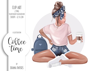 Coffee Fashion Girl Clipart, Girly Fashion Illustration, Planner Cover Clipart, Coffee Time Planner Graphics Supplies