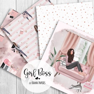 May include: Digital paper pack with three different patterns. The patterns are pink and white stripes with hearts, white with pink polka dots, and a watercolor background with pink and white accents. The paper pack also includes a digital illustration of a woman sitting on a pink couch with a cat and a stack of books. The text "Girl Boss" is written in pink with hearts.