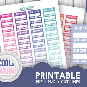 May include: Printable planner stickers with a cool and warm color theme. The stickers feature the text "This Week" and have spaces for writing in daily tasks. The stickers are designed with cut lines for easy use.