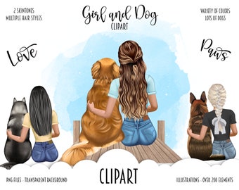May include: Digital illustration clipart set featuring girls and dogs. The set includes two girls with different hairstyles and skin tones, each with a dog. The girls are wearing casual clothing and the dogs are in various poses. The text "Girl and Dog Clipart" is at the top of the image. The text "Love" is on the left side of the image. The text "Paws" is on the right side of the image. The text "PNG Files - Transparent Background" is at the bottom left of the image. The text "Illustrations - Over 200 Elements" is at the bottom right of the image.