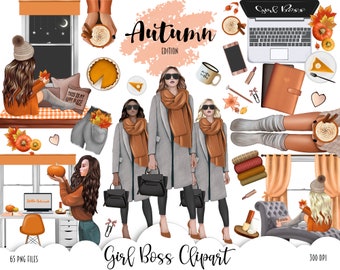 FALL CLIPART - AUTUMN Girl Boss Planner Graphics, Planner Stickers, Fashion Girl - Business Woman Fashion Illustration, Dark Skin Girl